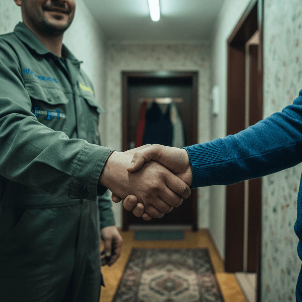 Techniker zeigt einem Kunden im Hausflur den Arbeitsplan und notiert Messwerte auf einem Auftragsformular