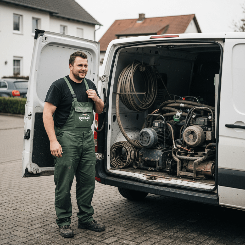 Monteur in Arbeitskleidung lädt Spirale und Werkzeugkoffer aus einem Servicewagen vor einem Mehrfamilienhaus