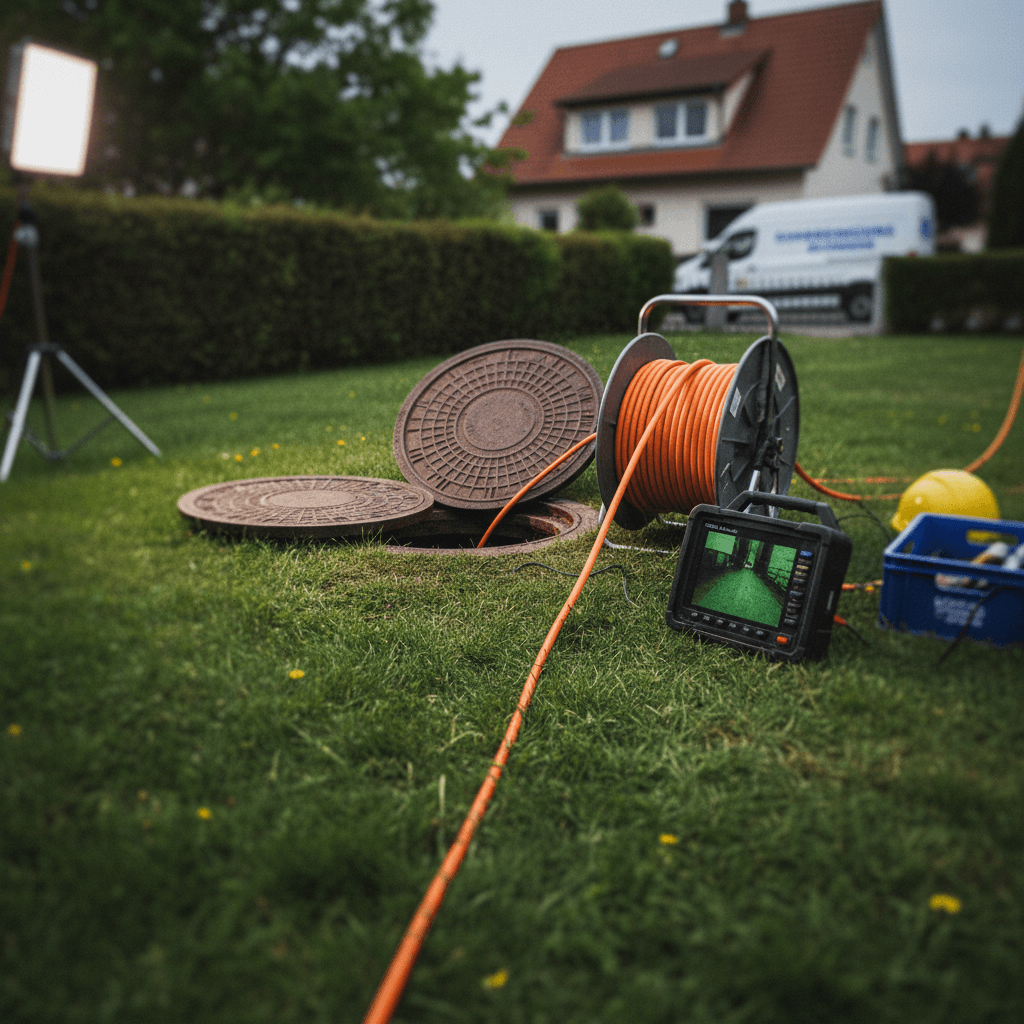 Kanaldeckel im Garten und Inspektionsgerät