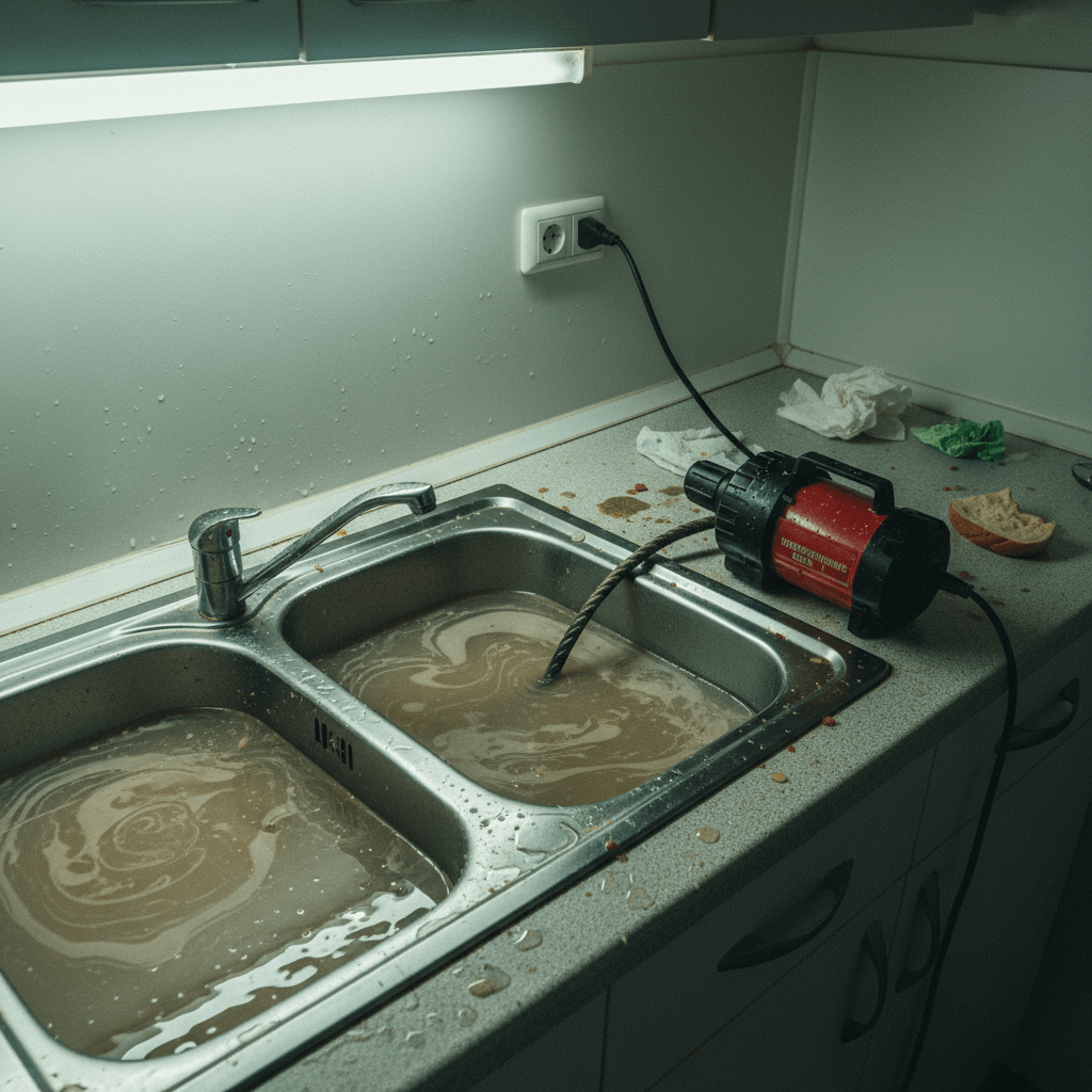 Küchenzeile mit geöffneter Spülenunterschranktür, Eimer darunter und Techniker mit Spirale am Siphon