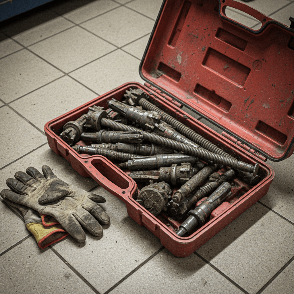 Geöffneter Werkzeugkoffer mit Spiralköpfen, Handschuhen und Schutzfolien auf einer Werkbank in der Werkstatt