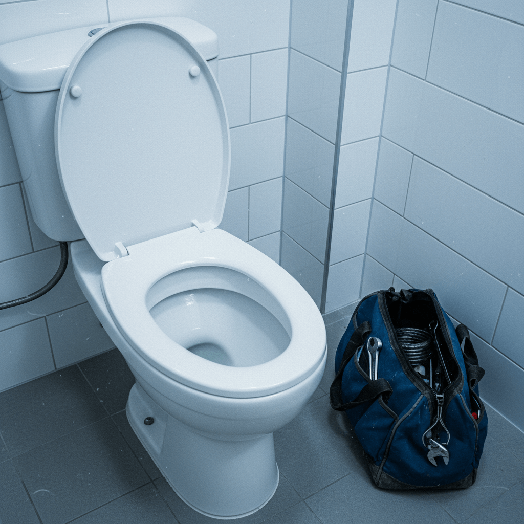 Sauberes WC in einem hellen Bad, daneben liegen Abdeckvlies und ein verschlossener Werkzeugkoffer nach dem Einsatz